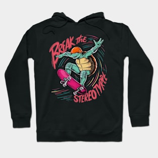 illustration featuring a fashionable and inspiring turtle character, gracefully executing a daring aerial skateboard trick._2 Hoodie